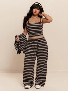 CovetEZ Autumn/Winter New Casual Striped Camisole Cardigan And Drawstring Long Pants Daily Home Wear Plus Size 2 Pieces Set - Multicolor - View 6