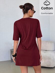 Lavishia 女款優雅修身抓皺寬鬆舒適純棉上衣，適合休閒度假 - 酒紅色 - 查看 2