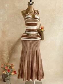 Soleia Women's Vacation Striped Halter Neck Tie Knit Dress With Fishtail Hem - Multicolor - View 5
