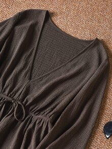 CosyJoli Plus Size Women's Casual Brown Waist Tie Long Sleeve Top And Pants Set Casual Going Out 2 Pieces Set For Women Fall/Winter Casual Office Work Sets - Coffee Brown - View 4