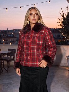 Auralis Christmas Plaid Wool Print Slim Fit Patchwork Fur Collar Jacket/Plus Size Long Sleeve Autumn/Winter Vintage Jacket - Red - View 5