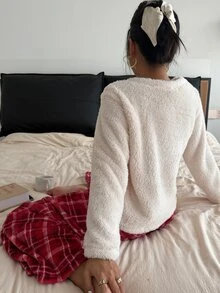 Napfluff Set Piyama Wanita Flanel Modis Minimalis Motif Kotak-kotak 2 Potong - MultiWarna - View 2
