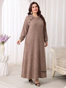 Feyla Plus Size Women's Solid Color Button Design Raglan Long Sleeve Casual Hooded Sweatshirt Dress - Khaki - View 4