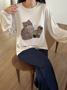 DAZY Cute Cat Pattern Loose Long Sleeve T-Shirt & Solid Straight Leg Long Pajama Pants 2pcs Set Women's Sleepwear - Multicolor - View 6