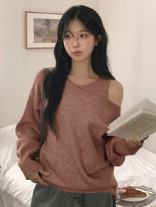 DAZY 女款露肩背心與毛衣兩件套 - 卡其色 - 查看 5