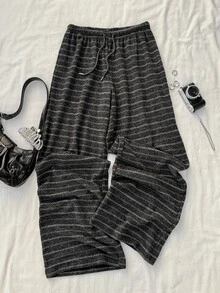 Attitoon Casual Minimalist Style Black & Grey Striped Knit Drawstring Sweatpants For Women, Suitable For Autumn/Winter - Multicolor - View 1