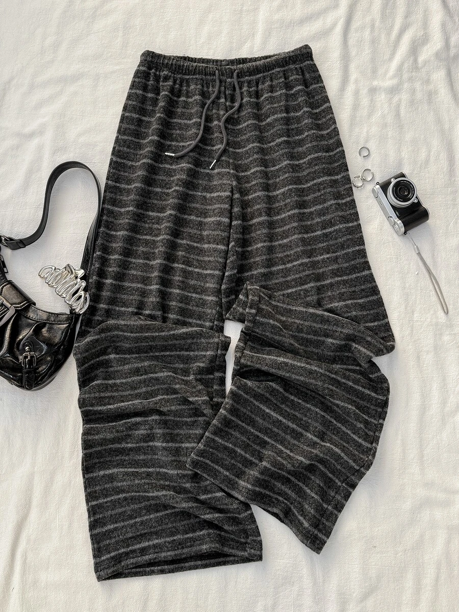 Attitoon Casual Minimalist Style Black & Grey Striped Knit Drawstring Sweatpants For Women, Suitable For Autumn/Winter - Multicolor - View 1