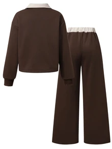 SHEIN 女童大童春秋冬季休閒兩件套，紐約字母圖案立領衛衣與短褲套裝，保暖校園穿搭，適合日常穿著、上學、通勤、外出、散步、購物、旅行，可搭配夾克、背心、棉襖 - 彩色 - 查看 2