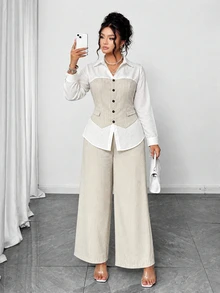 SHEIN Elenzya Plus Size Women's Single-Breasted Long Sleeve Patchwork Waist-Cinching Blouse And Solid Color Pants 2 Pieces Set - White - View 5