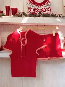 Comfortcana Women's Short Fitted Short Sleeve Top And Shorts Trim Color Block Knit Sweater 2 Pieces Set - Red - View 3