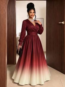 Maweii Gaun Plus Ombre Leher Surplice Lengan Lentera Musim Gugur - Merah - View 7