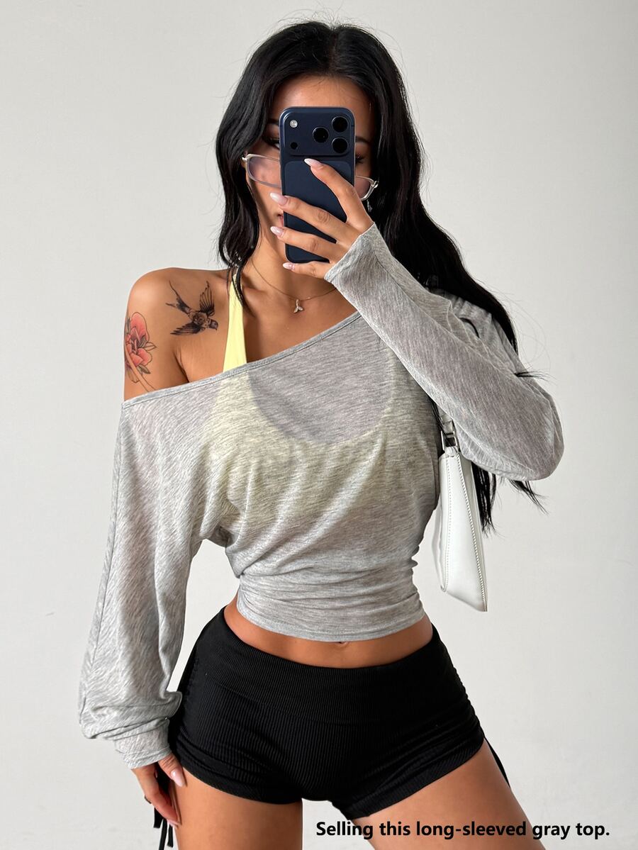 Coolane Women's Solid Color Asymmetric Shoulder Long Sleeve Casual Fashion T-Shirt - Grey - View 1
