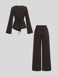 Sweetra Early Autumn New Vertical Stripe Waist-Cinching Top & Wide Leg Pants 2 Pieces Set, Elegant Slimming Commuter Suit Set For Women - Brown - View 2