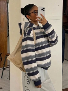 Muchica Women's Striped Pattern Hooded Drop Shoulder Sweatshirt, Casual Commute - Multicolor - View 1