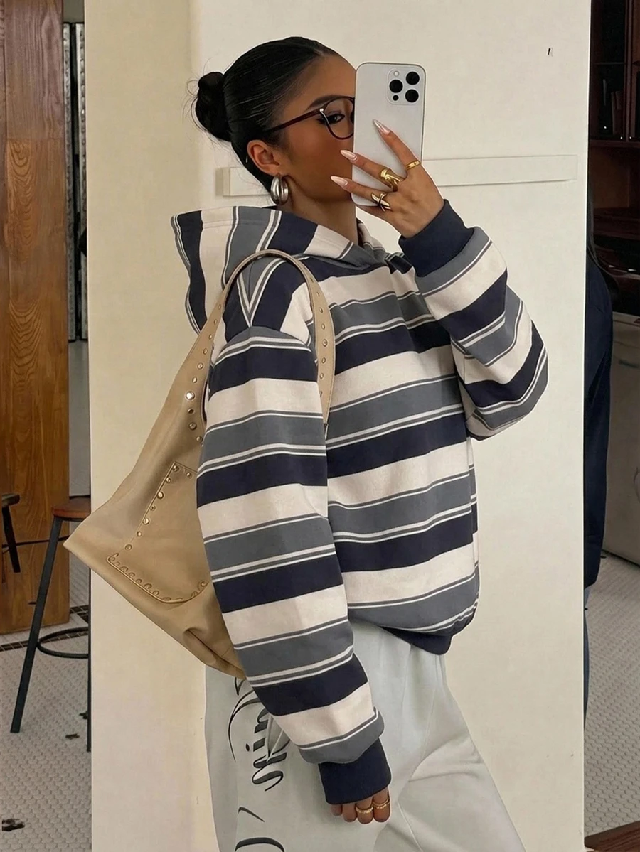 Muchica Women's Striped Pattern Hooded Drop Shoulder Sweatshirt, Casual Commute - Multicolor - View 1