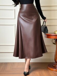 Dazy Tall Women's High Waist Button Decor Solid Color Leather Fabric A-Line Commuter Style Long Skirt - Coffee Brown - View 6