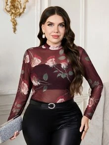 SHEIN Clasi 大尺碼女款花卉網紗長袖修身透視上衣 - 酒紅色 - 查看 2