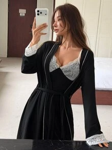 Livesso Women's Lace Patchwork Camisole Top And Long Pants With Cardigan Pajama Set - Black - View 7
