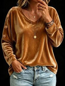 Weeklong Plus Size Women's Autumn/Winter Caramel Gold Velvet Long Sleeve Top, V-Neck Side Metal Button Loose Drape T-Shirt, Minimalist Luxury Style, Suitable For Commuting, Daily Wear, Party Layering - Brown - View 3