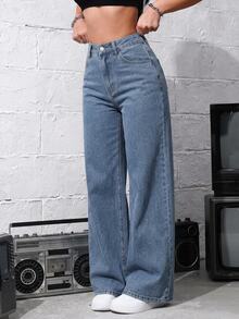 Jeanoix CURVE Plus Size Light Blue Distressed Denim Wide Leg Jeans, High Waist Slimming Lazy Relaxed American Street Style Extra Long Straight Leg Pants - Light Wash - View 5