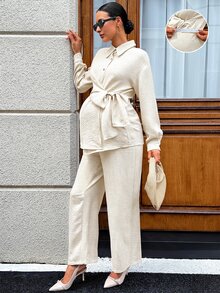 SHEIN 孕婦紋理長袖上衣與可調腰長褲 2 件套裝 - 杏色 - 查看 4