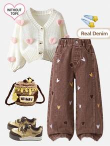 SHEIN Genkimix Kids 女童牛仔寬腿牛仔褲 全季新款 可愛趣味復古牛仔女郎風 嬰兒藍 鬆緊腰帶設計 多色愛心刺繡 秋季 - 棕色 - 查看 1