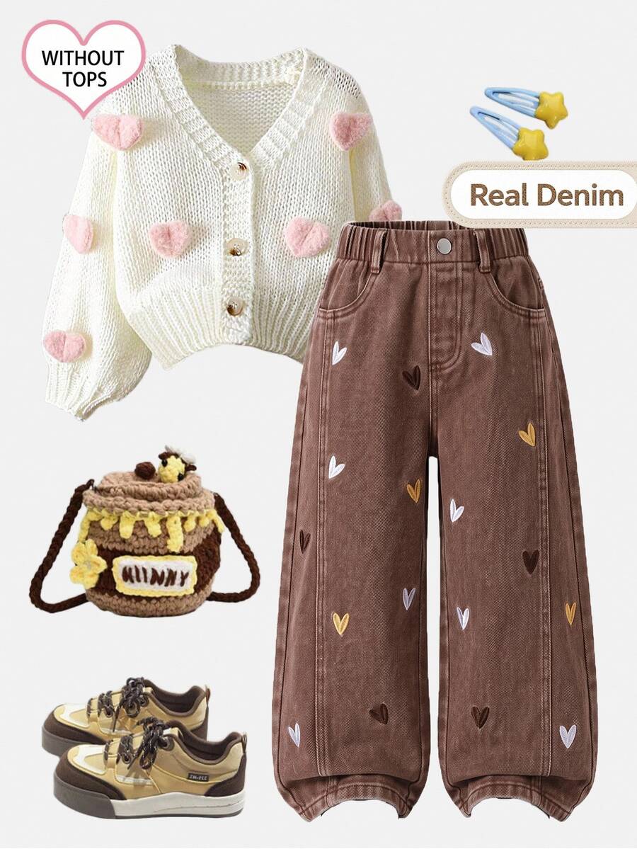 SHEIN Genkimix Kids 女童牛仔寬腿牛仔褲 全季新款 可愛趣味復古牛仔女郎風 嬰兒藍 鬆緊腰帶設計 多色愛心刺繡 秋季 - 棕色 - 查看 1