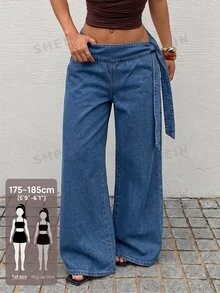 SHEIN Tall 女款側腰綁帶水洗休閒牛仔寬腿褲 - 中等水洗藍 - 查看 1