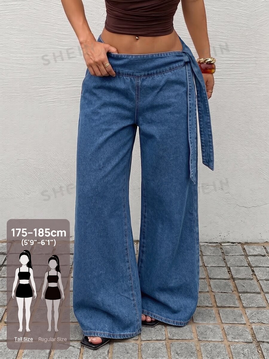 SHEIN Tall 女款側腰綁帶水洗休閒牛仔寬腿褲 - 中等水洗藍 - 查看 1