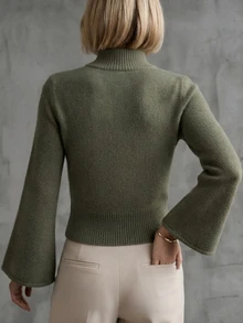 SHEIN جاكيت كارديجان نسائي أخضر عسكري بياقة قائمة مزدوجة الصدر مع سحاب محبوك، ربيع/خريف - أخضر - مشاهدة 2