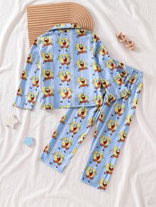 SpongeBob SquarePants | SHEIN 小男孩休閒卡通條紋印花長袖上衣與長褲睡衣套裝 - 彩色 - 查看 2