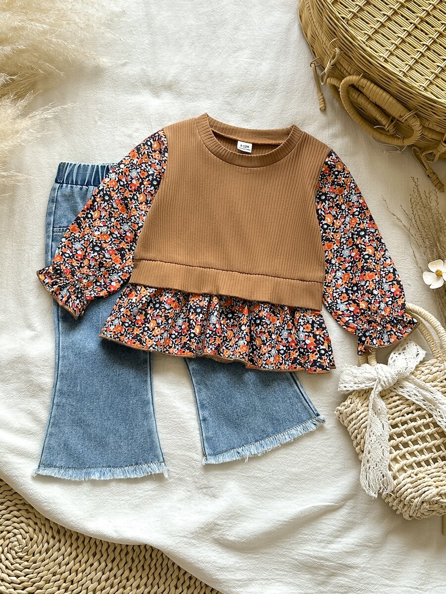 SHEIN Vintaside Kids 2pcs Toddler Baby Girl Peplum Top Flare Pants Set Cute Sweet Brown Blue Ribbed Floral Ruffle Fringed Long Sleeve Round Neck Holiday Fall - Brown - View 1