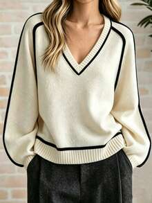 RosyDaze Women's Fashion Round Neck Dolman Sleeve Knit Sweater Top, Elegant Line Design Base Layer - Beige - View 1