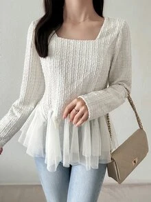 FRIFUL Blus Elegan Lengan Panjang Leher Persegi dengan Detail Jala Kontras Warna Polos untuk Wanita di Musim Gugur - Krem - View 4