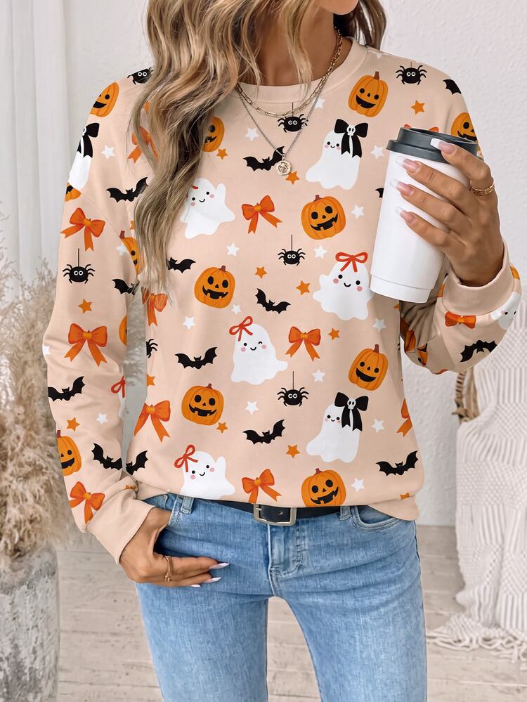 SHEIN LUNE Women's Halloween Ghost Pumpkin Apricot Long Sleeve Sweatshirt, Suitable For Autumn/Winter,Women's Halloween Costume,Back To School - White - View 6