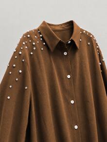 Lacomfia Setelan 2 Potong Kasual Minimalis Warna Polos dengan Hiasan Manik-manik, Kemeja Lengan Panjang Pas Badan dan Celana Panjang Kaki Lebar Pinggang Elastis Warna Polos untuk Musim Semi dan Gugur Ukuran Besar - Chocolate Brown - View 5