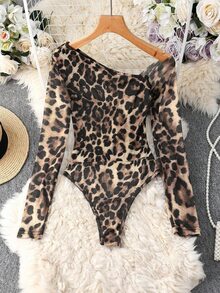 GlowEve CURVE Women's Plus Size Fashion Leopard Print Mesh Cold Shoulder Long Sleeve Bodysuit - Multicolor - View 2