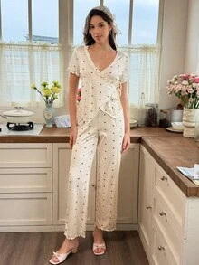 Snug Reverie Romantic Frill Trim Heart Print Side Tie V-Neck Short Sleeve Long Pants Women's Pajama Set - Apricot - View 3