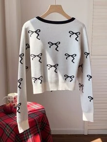 Comfortcana Women's Thin Cardigan Sweater With Bow Pattern And Bow Decor, Casual Fashion Creative Personalized Fresh Cute - White - View 2