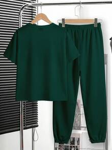 Tween Boy Casual Comfortable Fashion Minimalist Crew Neck Short Sleeve T-Shirt And Long Pants Set - Multicolor - View 2