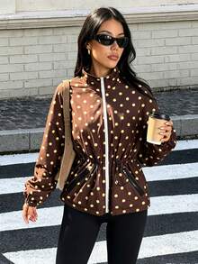 Muchica Women's Polka Dot Drawstring Stand Collar Zip Up Sports Jacket Gym Jacket Workout Jacket Running Jacket Sportswear Activewear Windbreaker Fall - Brown - View 1