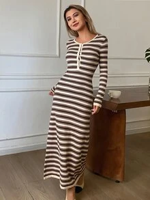 DAZY Women's Button Half-Placket Striped Colorblock Sweater Dress - Brown - View 1
