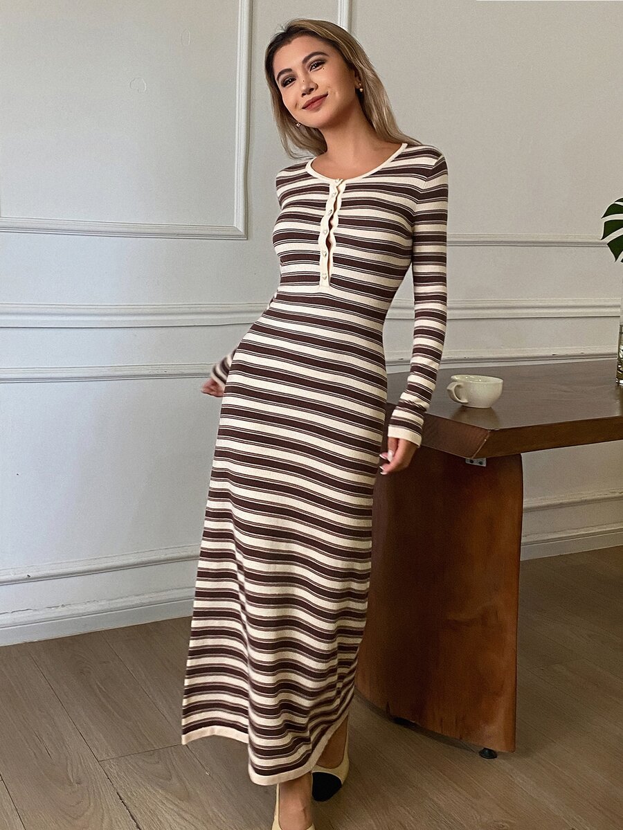DAZY Women's Button Half-Placket Striped Colorblock Sweater Dress - Brown - View 1