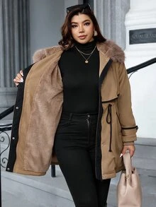 SHEIN Clasi 大尺碼女款毛絨拼接百褶時尚百搭冬季外套 - 駝色 - 查看 7