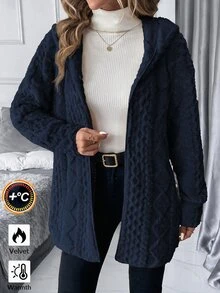 SHEIN Clasi 大尺碼女款紋理長袖抓絨連帽休閒夾克 - 藏蓝色 - 查看 8