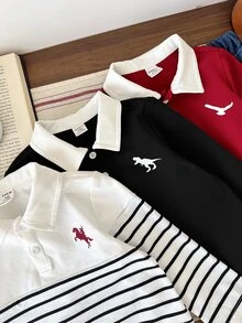 SHEIN 3件組男嬰 Polo 領長袖上衣套裝，騎士與恐龍圖案 - 彩色 - 查看 4