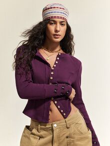 SHEIN Women's Minimalist Elegant Single-Breasted Long Sleeve Casual T-Shirt - Purple - View 6