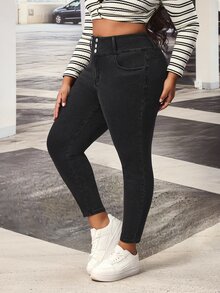 SHEIN Tall CURVE بنطلون جينز ضيق للنساء بمقاسات كبيرة - الأسود - مشاهدة 5