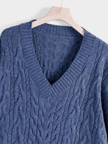 Rustia Plus Size V-Neck Long Sleeve Solid Color Pullover Sweater - Baby Blue - View 5