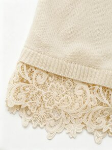 Ceyna Plus Size Women's Soft Apricot Solid Color Round Neck Lantern Sleeve Patchwork Asymmetrical Lace Trim Elegant Comfortable Spring Autumn Winter Knit Sweater Dress, Suitable For Daily Commute/Home/Travel/Vacation - Apricot - View 7